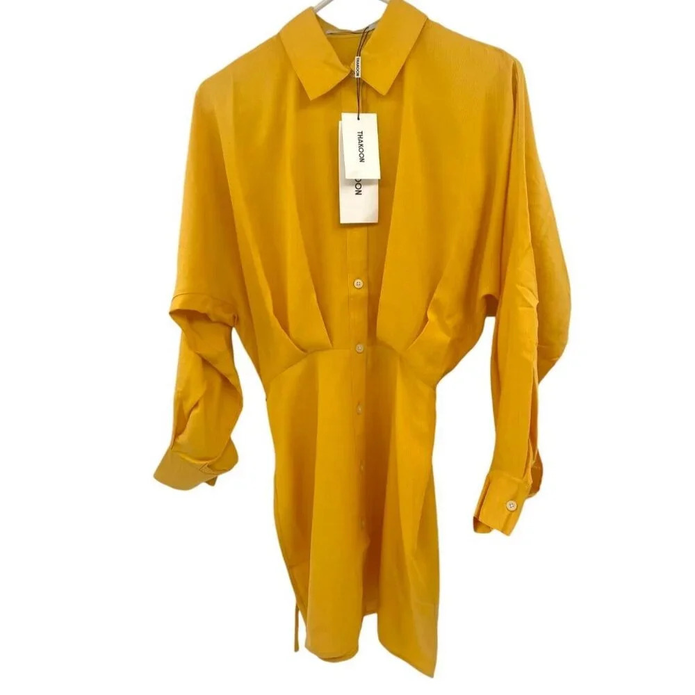 Thakoon Womens Yellow Mini Shirt Dress Long Sleeve Collared Pleated Size 0 NWT